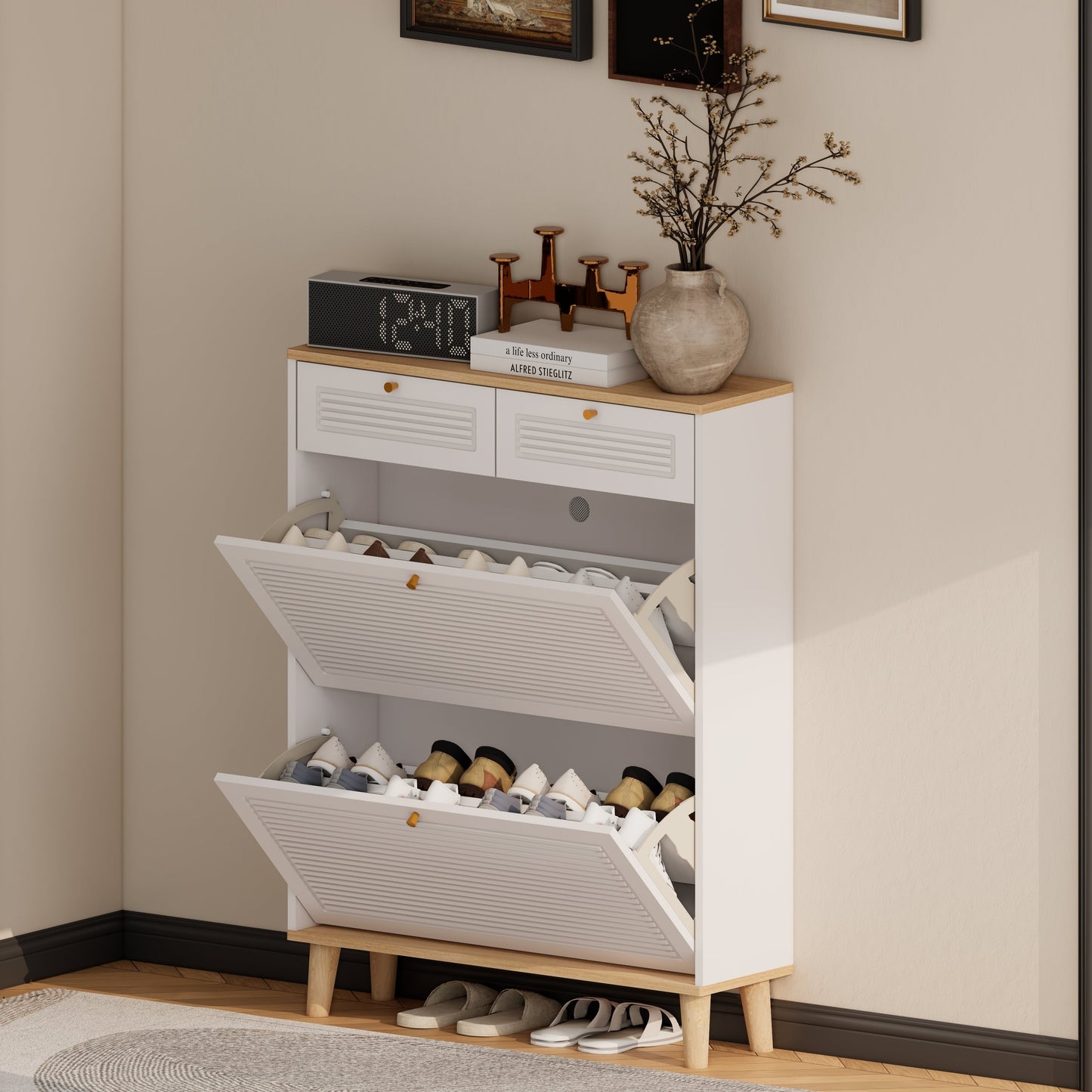 Shoe Cabinet With 2 Flip-Up Doors and 2 Drawers,narrow Shoe Rack Cabinet,freestanding Shoe Organizer,shoe Organizer for