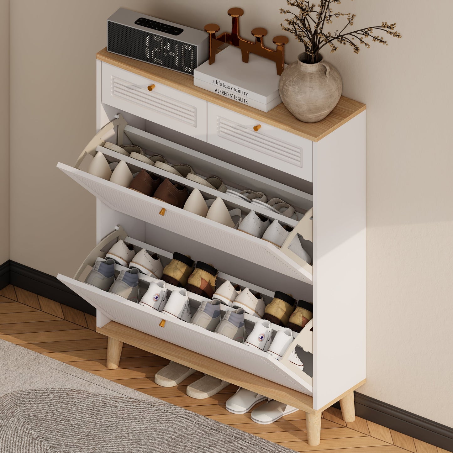 Shoe Cabinet With 2 Flip-Up Doors and 2 Drawers,narrow Shoe Rack Cabinet,freestanding Shoe Organizer,shoe Organizer for