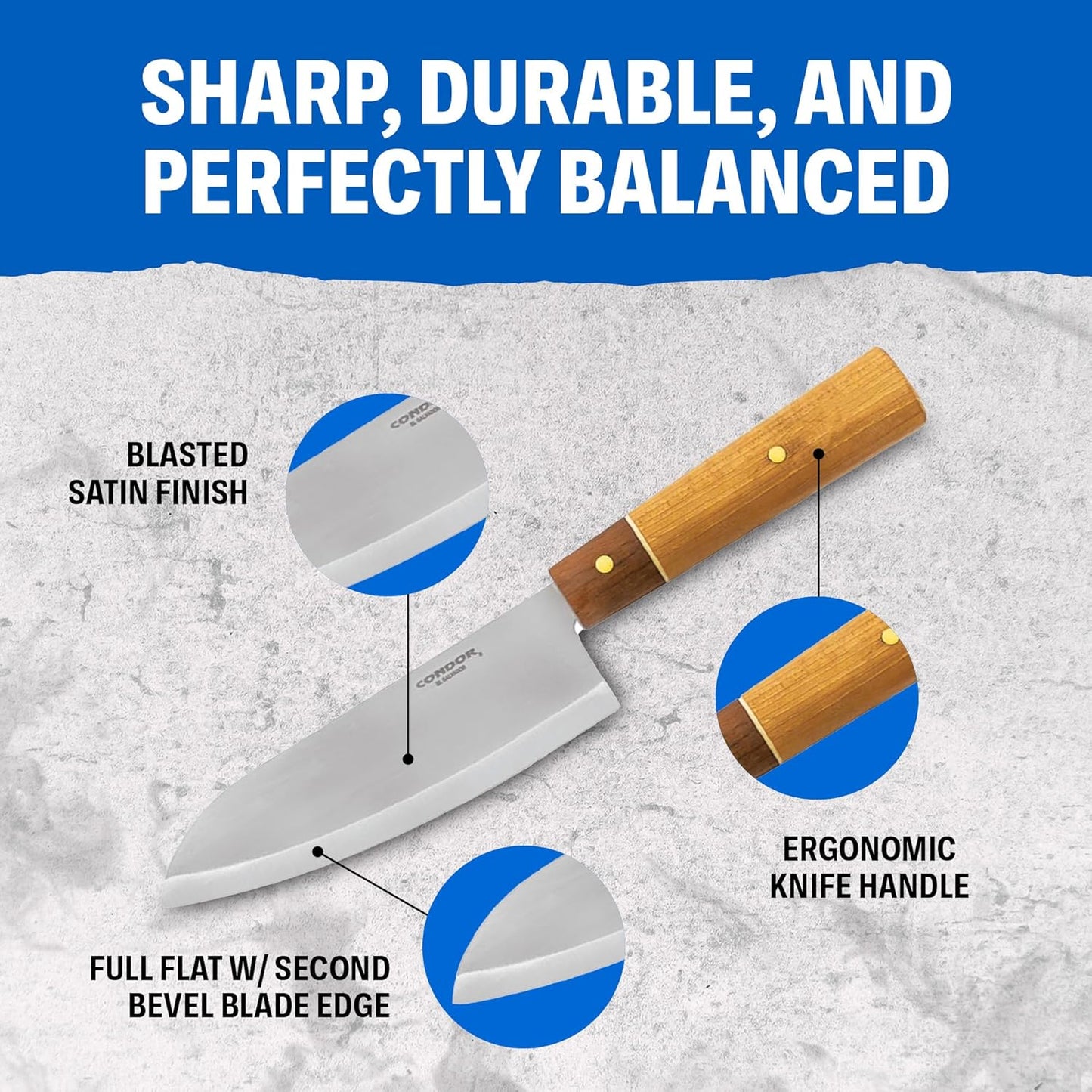 Condor Tool & Knife Kondoru Kitchen Santoku Knife | 440C Stainless Steel Paring Knife with a Walnut Handle | Chopping Knife with Hand Crafted Welted Leather Sheath | 6.6 in Blade