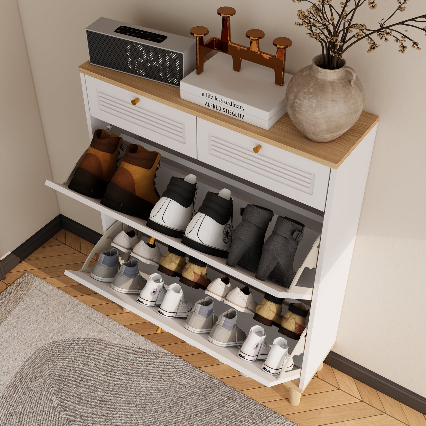Shoe Cabinet With 2 Flip-Up Doors and 2 Drawers,narrow Shoe Rack Cabinet,freestanding Shoe Organizer,shoe Organizer for
