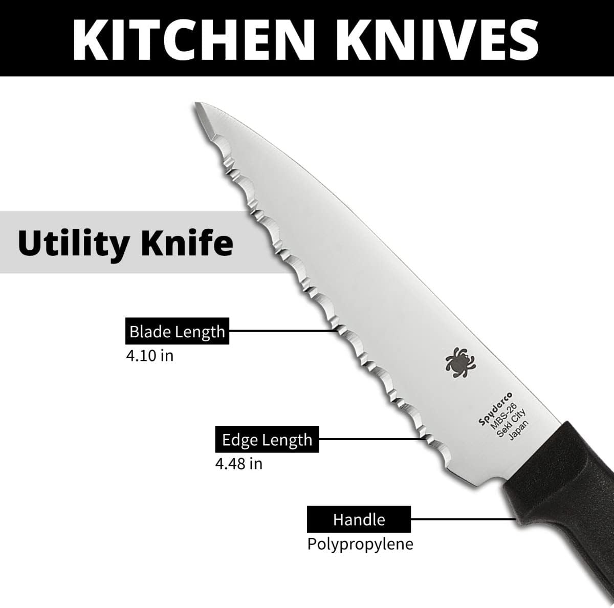 Spyderco Lightweight Kitchen Utility Knife with MBS-26 Stainless Steel Blade and Polypropylene Plastic Handle