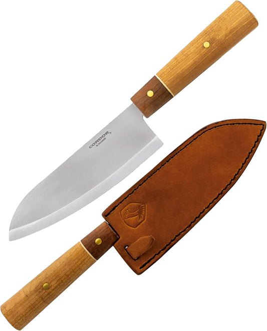Condor Tool & Knife Kondoru Kitchen Santoku Knife | 440C Stainless Steel Paring Knife with a Walnut Handle | Chopping Knife with Hand Crafted Welted Leather Sheath | 6.6 in Blade