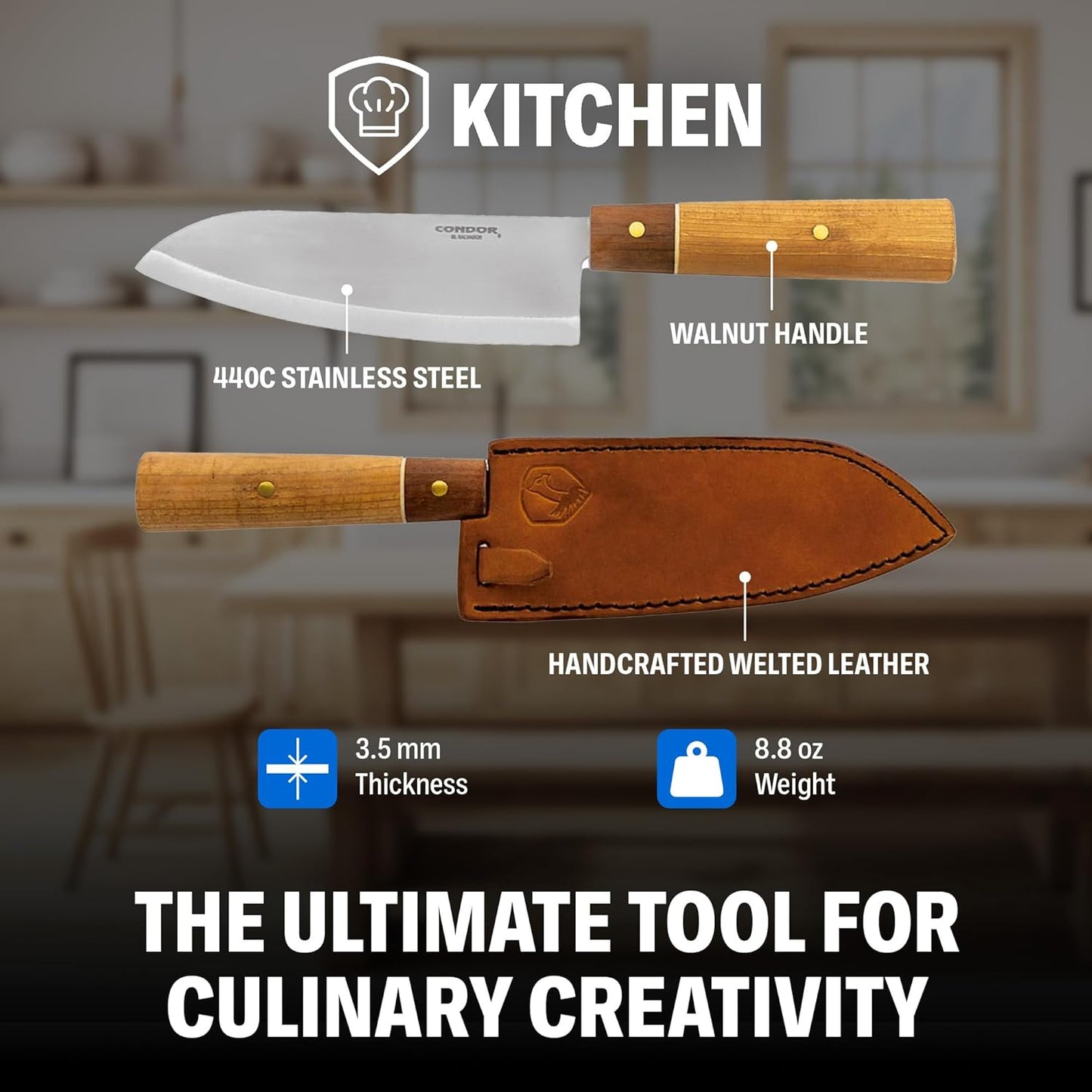 Condor Tool & Knife Kondoru Kitchen Santoku Knife | 440C Stainless Steel Paring Knife with a Walnut Handle | Chopping Knife with Hand Crafted Welted Leather Sheath | 6.6 in Blade