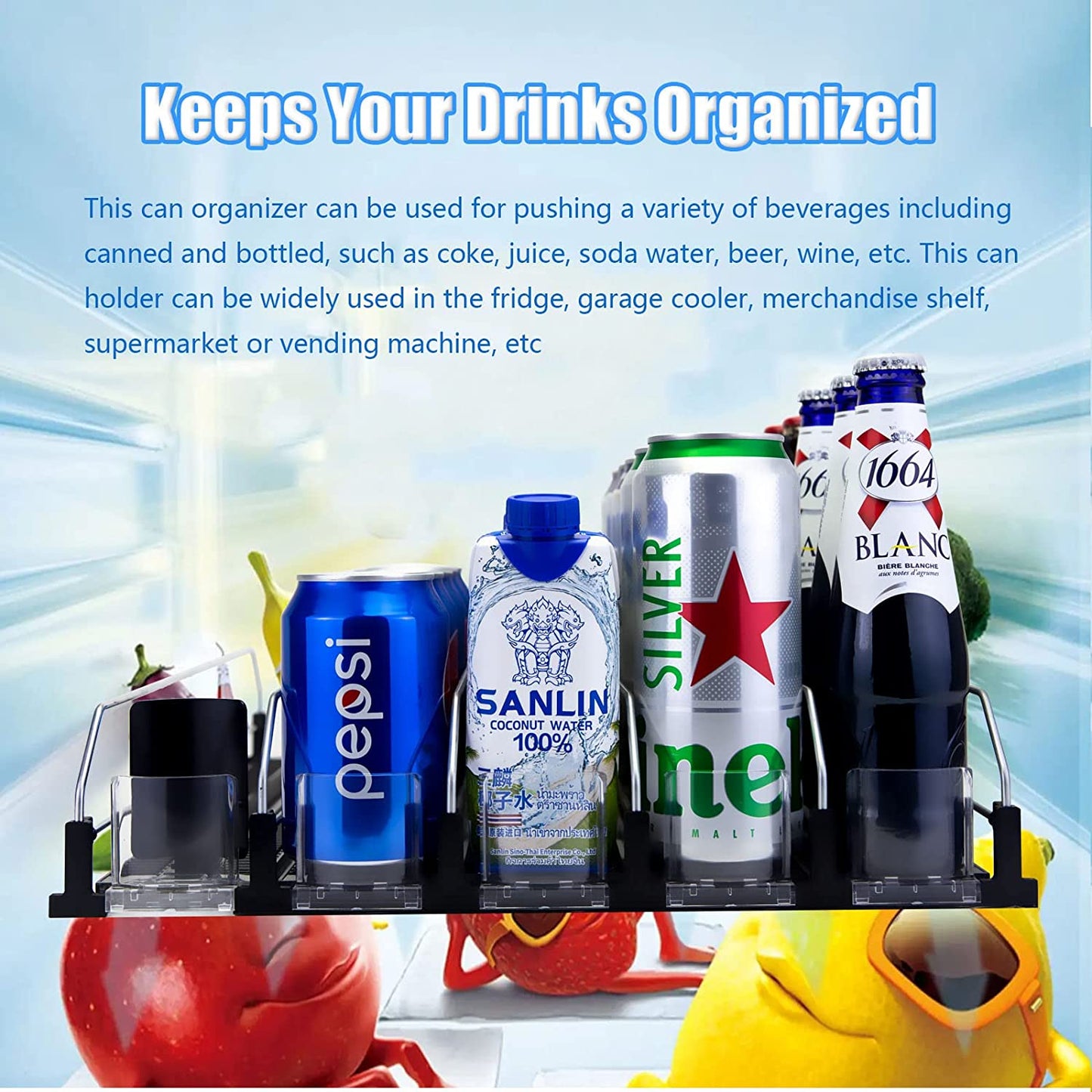 Drink Organizer for Fridge, Self-Pushing Soda Can Dispenser 5 Row Adjustable, Beer Pop Can Water Bottle Storage  Pantry Kitchen