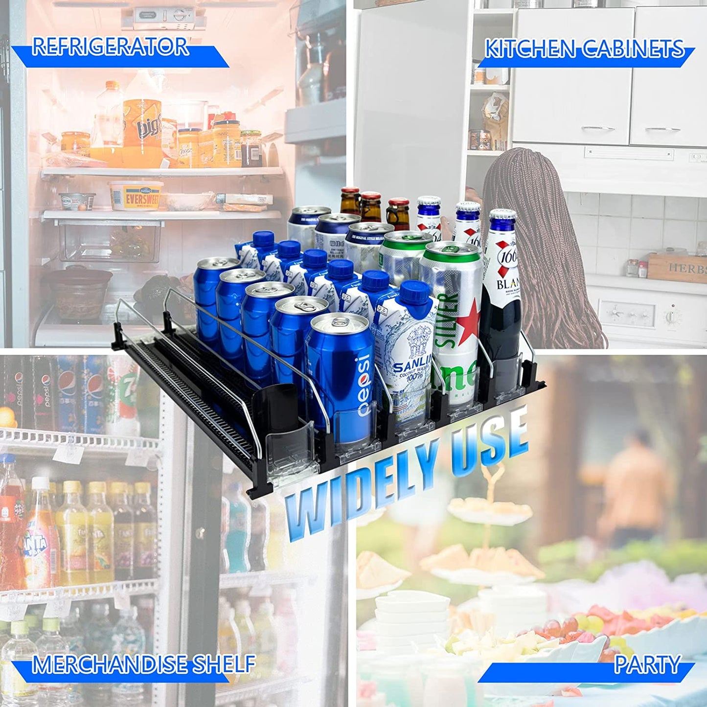 Drink Organizer for Fridge, Self-Pushing Soda Can Dispenser 5 Row Adjustable, Beer Pop Can Water Bottle Storage  Pantry Kitchen