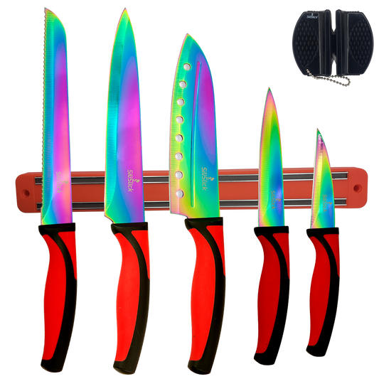 Kitchen Knife Set Kit | Red Handle & Red Magnetic Rack