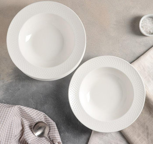 White Porcelain Deep Plate With Embossed Wide Rim 9" inch | For soup, pasta, salad